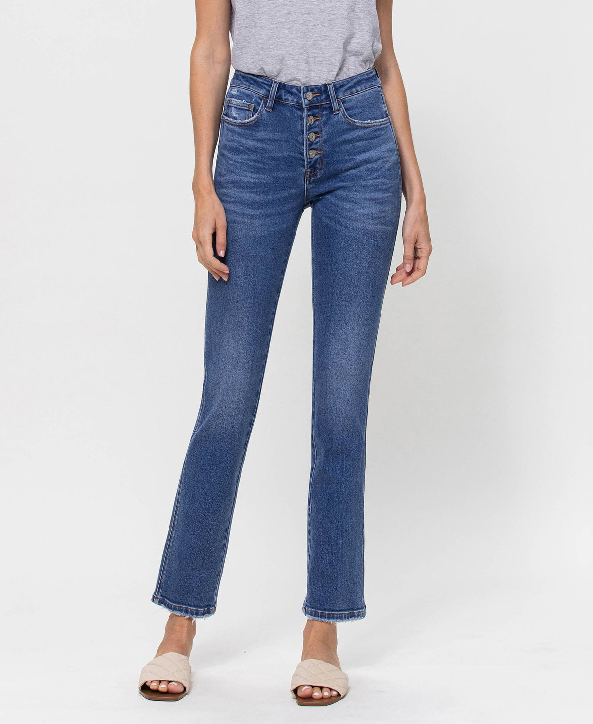 Mid Rise Button Up Fly Straight Jeans