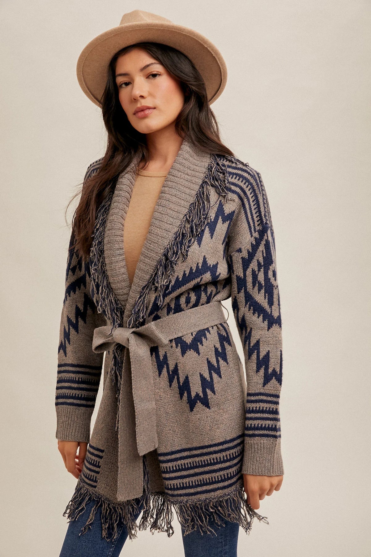Fringe Shawl Collar Belted Cardigan